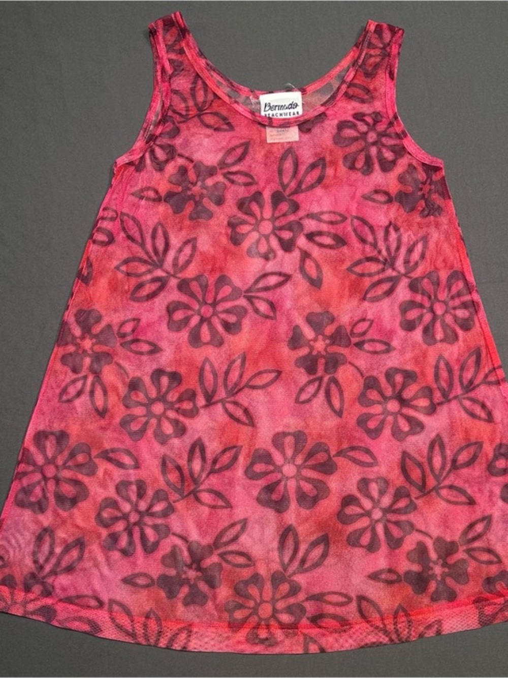 Vintage Bermuda Beachwear Hot Pink Tropical Floral Print Mesh Cover Up